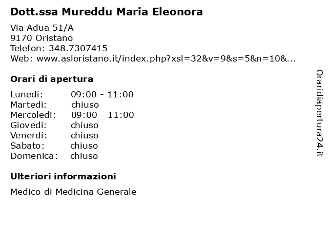 Dott.ssa Mureddu Maria Eleonora a Santa Giusta: indirizzo e orari di apertura