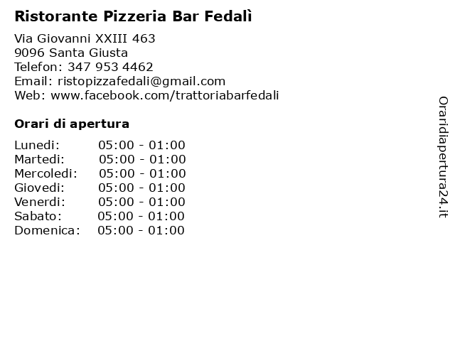 Ristorante Pizzeria Bar Fedalì a Santa Giusta: indirizzo e orari di apertura