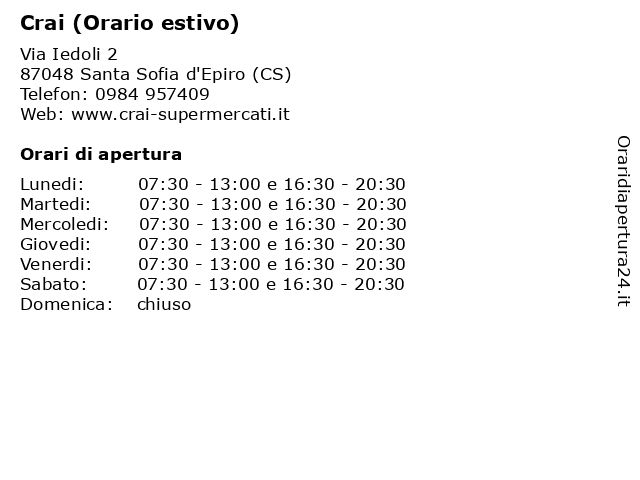 Crai (Orario estivo) a Santa Sofia d'Epiro (CS): indirizzo e orari di apertura