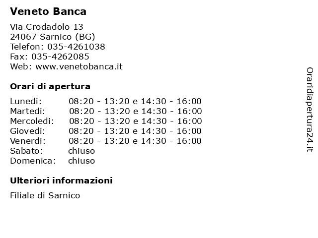 Veneto Banca a Sarnico (BG): indirizzo e orari di apertura