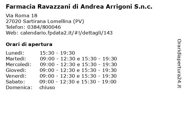Farmacia Ravazzani di Andrea Arrigoni S.n.c. a Sartirana Lomellina (Pv): indirizzo e orari di apertura