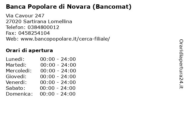 Banca Popolare di Novara (Bancomat) a Sartirana Lomellina: indirizzo e orari di apertura