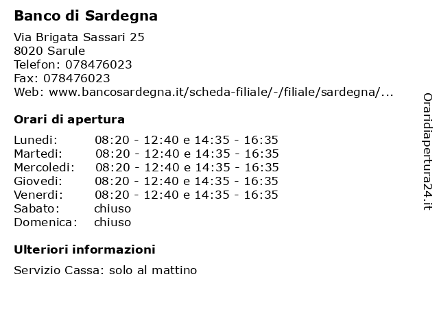 Banco di Sardegna a Sarule: indirizzo e orari di apertura