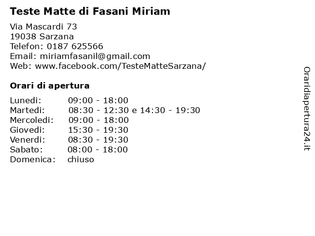 Teste Matte di Fasani Miriam a Sarzana: indirizzo e orari di apertura