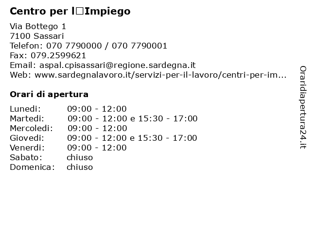ᐅ Orari Centro Per L Impiego Via Bottego 1 07100 Sassari