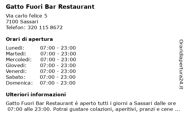 Gatto Fuori Bar Restaurant a Sassari: indirizzo e orari di apertura
