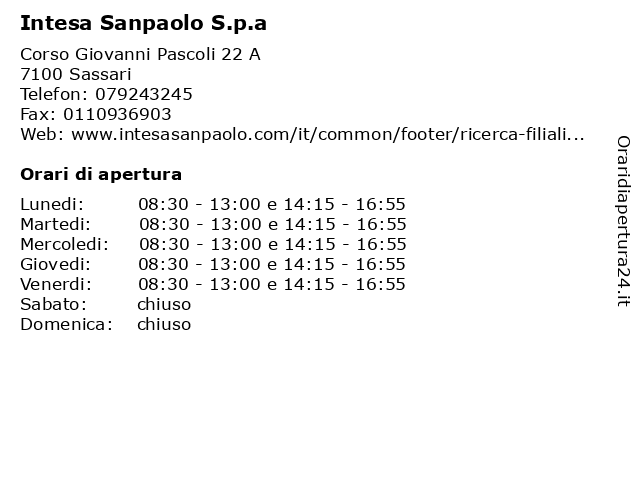 Intesa Sanpaolo S.p.a a Sassari: indirizzo e orari di apertura