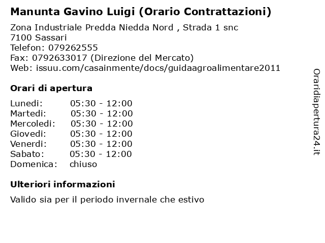 Manunta Gavino Luigi (Orario Contrattazioni) a Sassari: indirizzo e orari di apertura