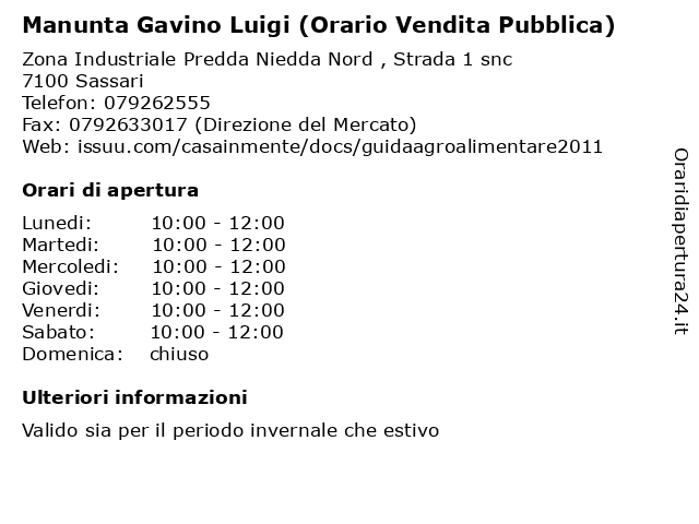 Manunta Gavino Luigi (Orario Vendita Pubblica) a Sassari: indirizzo e orari di apertura