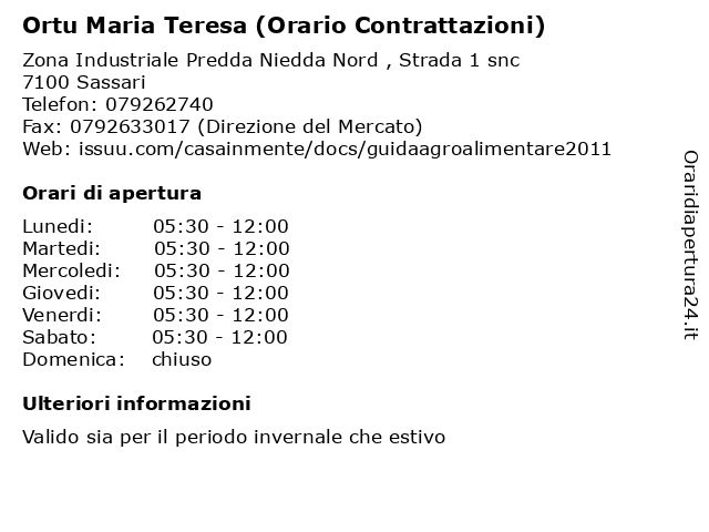 Ortu Maria Teresa (Orario Contrattazioni) a Sassari: indirizzo e orari di apertura