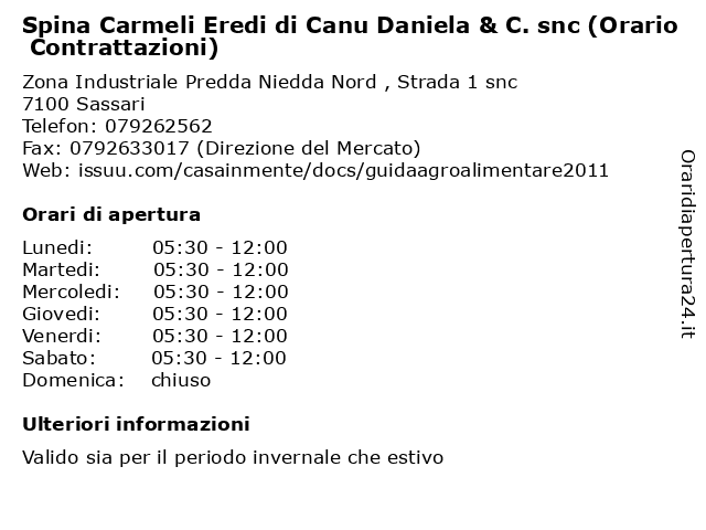 Spina Carmeli Eredi di Canu Daniela & C. snc (Orario Contrattazioni) a Sassari: indirizzo e orari di apertura