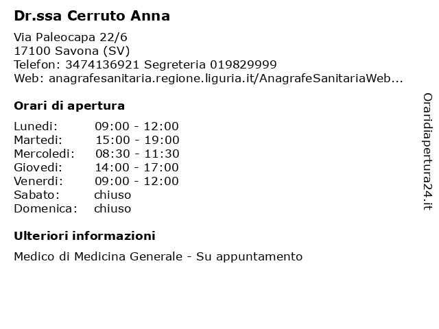 Dr.ssa CERRUTO ANNA a Savona (SV): indirizzo e orari di apertura