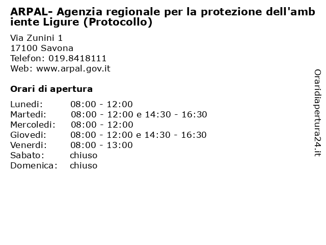 ARPAL- Agenzia regionale per la protezione dell'ambiente Ligure (Protocollo) a Savona: indirizzo e orari di apertura