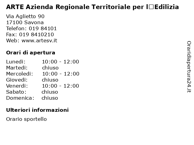 ARTE Azienda Regionale Territoriale per l’Edilizia a Savona: indirizzo e orari di apertura