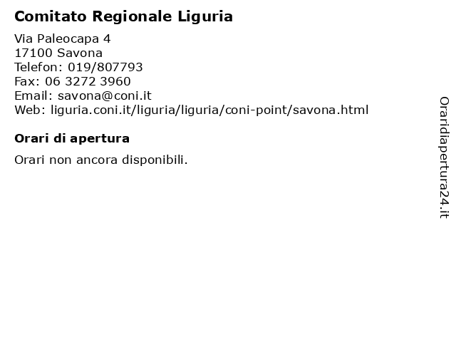 Comitato Regionale Liguria a Savona: indirizzo e orari di apertura