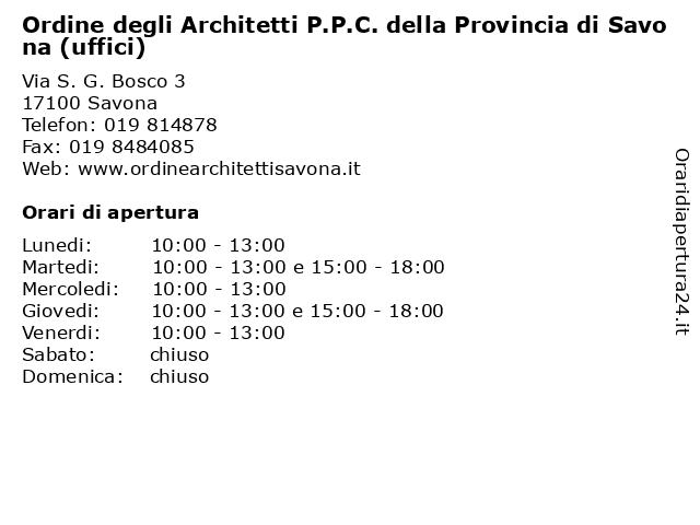 Ordine degli Architetti P.P.C. della Provincia di Savona (uffici) a Savona: indirizzo e orari di apertura