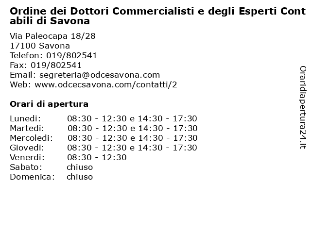 Ordine dei Dottori Commercialisti e degli Esperti Contabili di Savona a Savona: indirizzo e orari di apertura