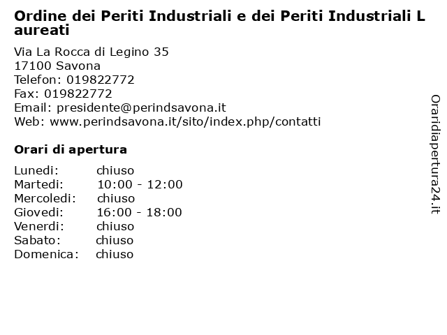 Ordine dei Periti Industriali e dei Periti Industriali Laureati a Savona: indirizzo e orari di apertura