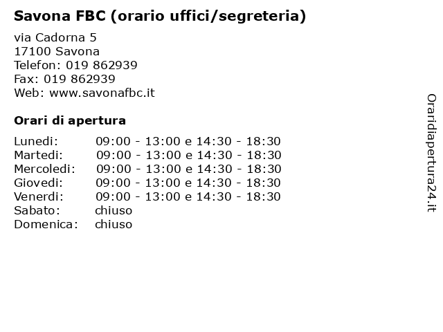 Savona FBC (orario uffici/segreteria) a Savona: indirizzo e orari di apertura