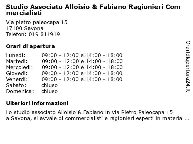 Studio Associato Alloisio & Fabiano Ragionieri Commercialisti a Savona: indirizzo e orari di apertura