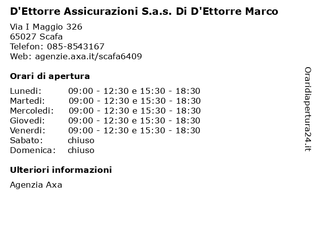 D'Ettorre Assicurazioni S.a.s. Di D'Ettorre Marco a Scafa: indirizzo e orari di apertura