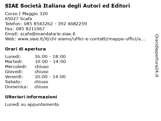 SIAE Società Italiana degli Autori ed Editori a Scafa: indirizzo e orari di apertura