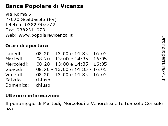 Banca Popolare di Vicenza a Scaldasole (PV): indirizzo e orari di apertura