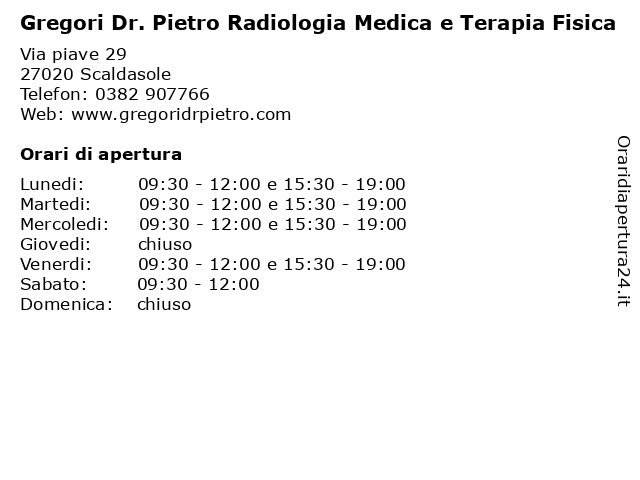 Gregori Dr. Pietro Radiologia Medica e Terapia Fisica a Scaldasole: indirizzo e orari di apertura