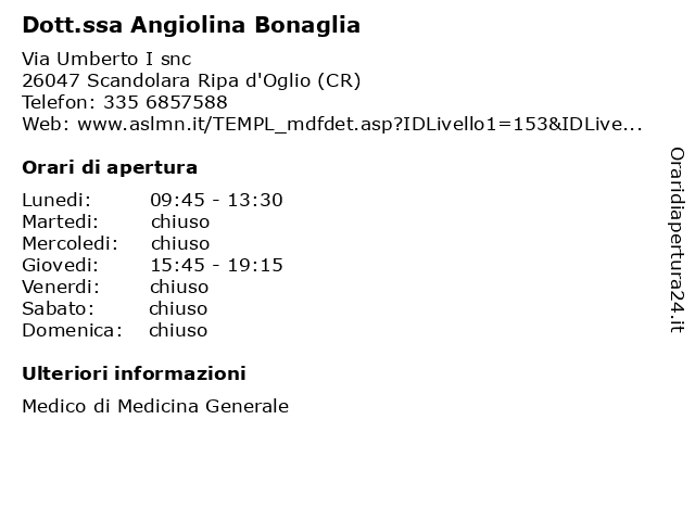 Dott.ssa Angiolina Bonaglia a Scandolara Ripa d'Oglio (Cr): indirizzo e orari di apertura