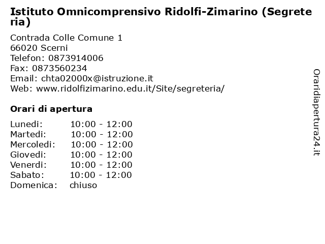 Istituto Omnicomprensivo Ridolfi-Zimarino (Segreteria) a Scerni: indirizzo e orari di apertura