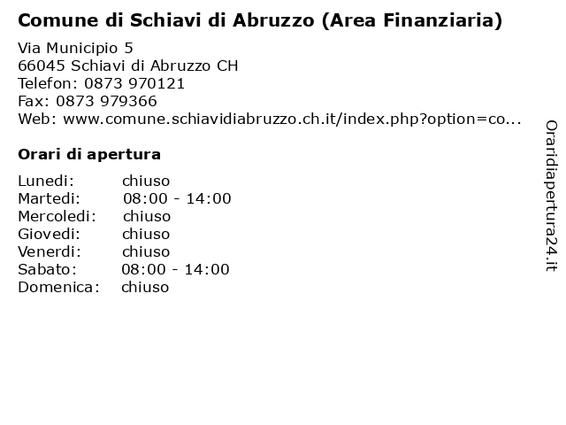 Comune di Schiavi di Abruzzo (Area Finanziaria) a Schiavi di Abruzzo CH: indirizzo e orari di apertura