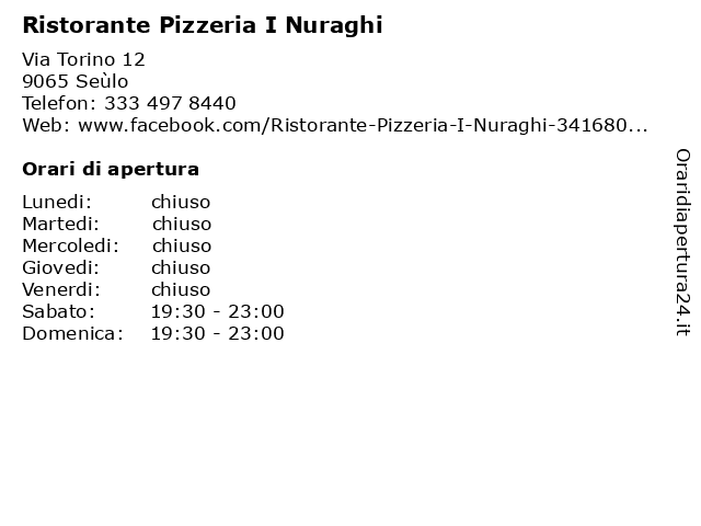 Ristorante Pizzeria I Nuraghi a Seùlo: indirizzo e orari di apertura