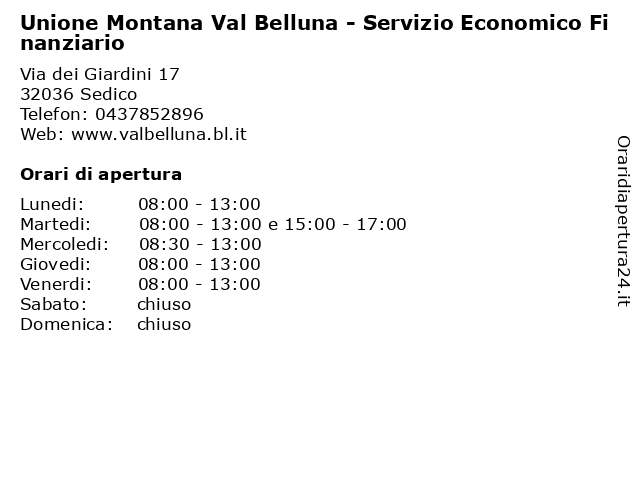 Unione Montana Val Belluna - Servizio Economico Finanziario a Sedico: indirizzo e orari di apertura