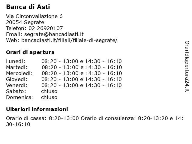Banca di Asti (Cassa Continua) a Segrate: indirizzo e orari di apertura