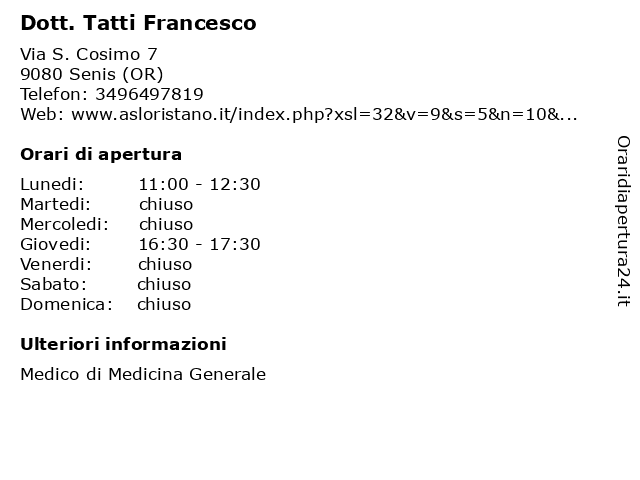 Dott. Tatti Francesco a Senis (OR): indirizzo e orari di apertura
