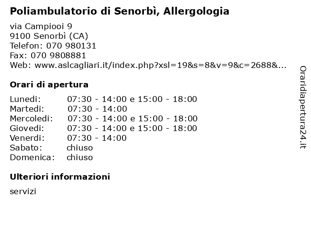 Poliambulatorio di Senorbì, Allergologia a Senorbì (CA): indirizzo e orari di apertura