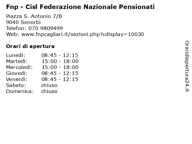 Fnp - Cisl Federazione Nazionale Pensionati a Senorbì: indirizzo e orari di apertura