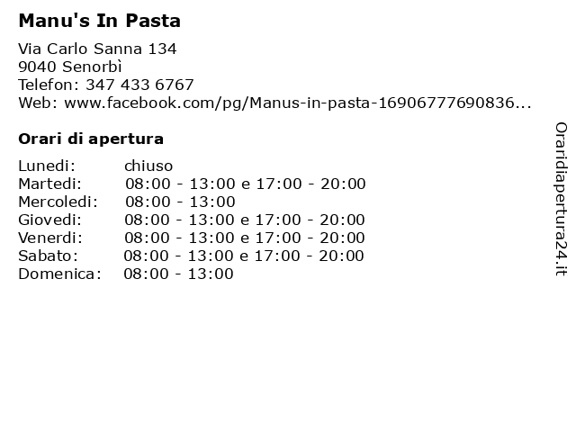 Manu's In Pasta a Senorbì: indirizzo e orari di apertura