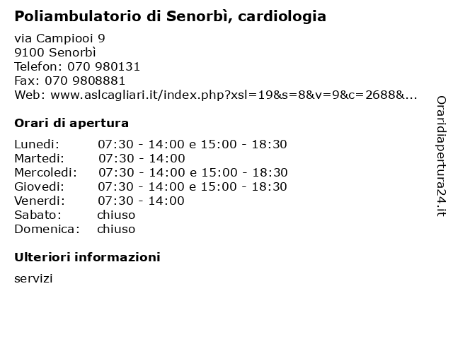 Poliambulatorio di Senorbì, cardiologia a Senorbì: indirizzo e orari di apertura