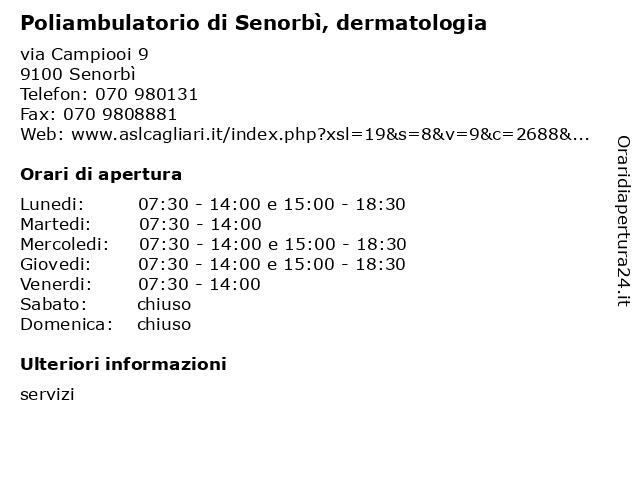 Poliambulatorio di Senorbì, dermatologia a Senorbì: indirizzo e orari di apertura