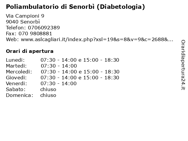 Poliambulatorio di Senorbì, diabetologia a Senorbì: indirizzo e orari di apertura