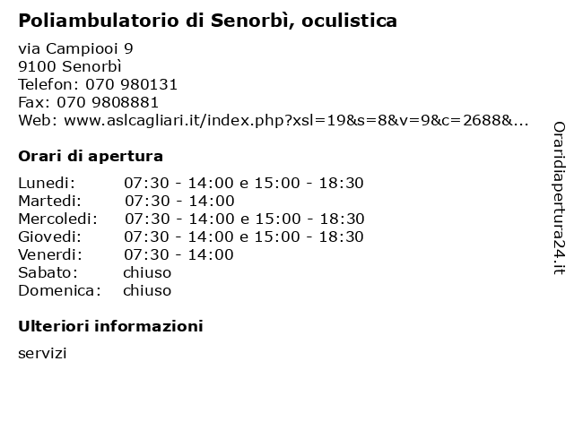 Poliambulatorio di Senorbì, oculistica a Senorbì: indirizzo e orari di apertura