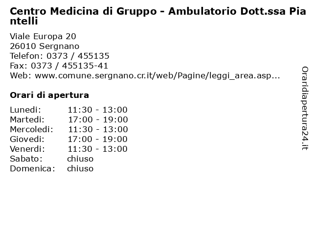 Centro Medicina di Gruppo - Ambulatorio Dott.ssa Piantelli a Sergnano: indirizzo e orari di apertura
