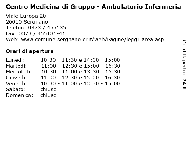 Centro Medicina di Gruppo - Ambulatorio Infermeria a Sergnano: indirizzo e orari di apertura