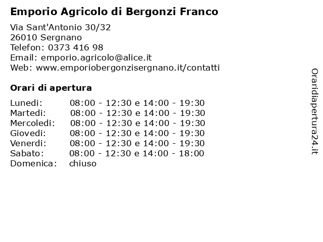 Emporio Agricolo di Bergonzi Franco a Sergnano: indirizzo e orari di apertura