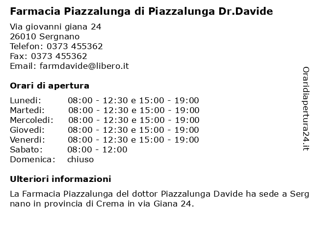 Farmacia Piazzalunga di Piazzalunga Dr.Davide a Sergnano: indirizzo e orari di apertura