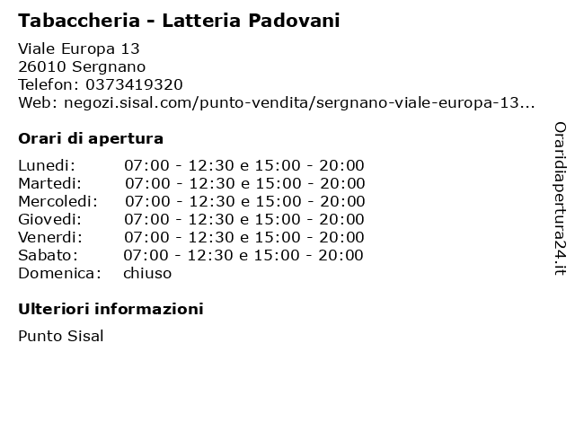 Padovani Paola Stefania a Sergnano: indirizzo e orari di apertura