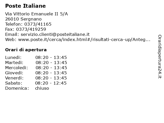 Poste Italiane a Sergnano: indirizzo e orari di apertura