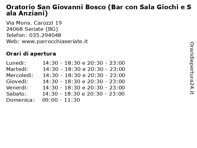 Oratorio San Giovanni Bosco (Bar con Sala Giochi e Sala Anziani) a Seriate (BG): indirizzo e orari di apertura