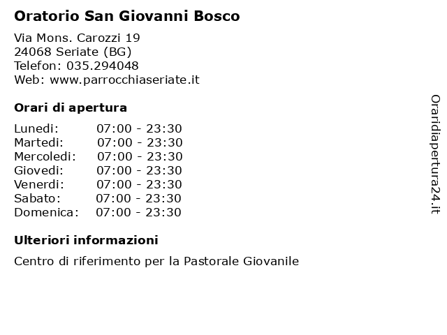 Oratorio San Giovanni Bosco a Seriate (BG): indirizzo e orari di apertura